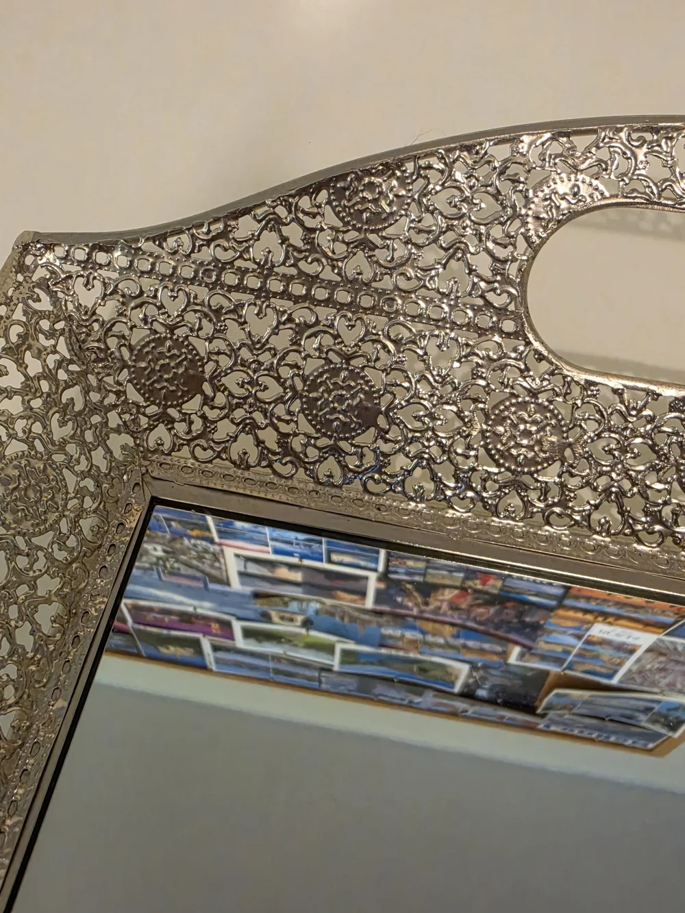 Gold Tone Mirrored Metal & Glass Serving Tray w/ Handles Floral Rectangle 18x13